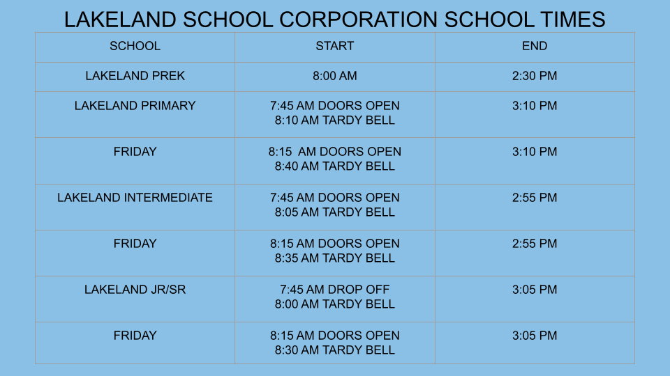 Lakeland School Corporation Start & End Times Lakeland Primary School
